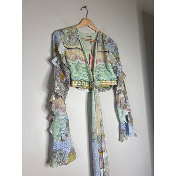 NWT Alexis Ferra Chiffon Long Sleeve Tie Waist Ruffle Crop Top Rococco Size: XS - Picture 3 of 8